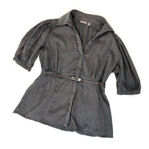 Y2K Button Up Striped Shirt Babydoll Top Belted Puff Short Sleeve Brown Blue S